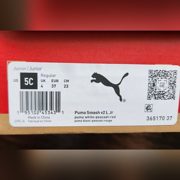 Puma junior size 5c regular, puma smash v2 L Jr. White-peacoat-red. - Picture 5 of 10